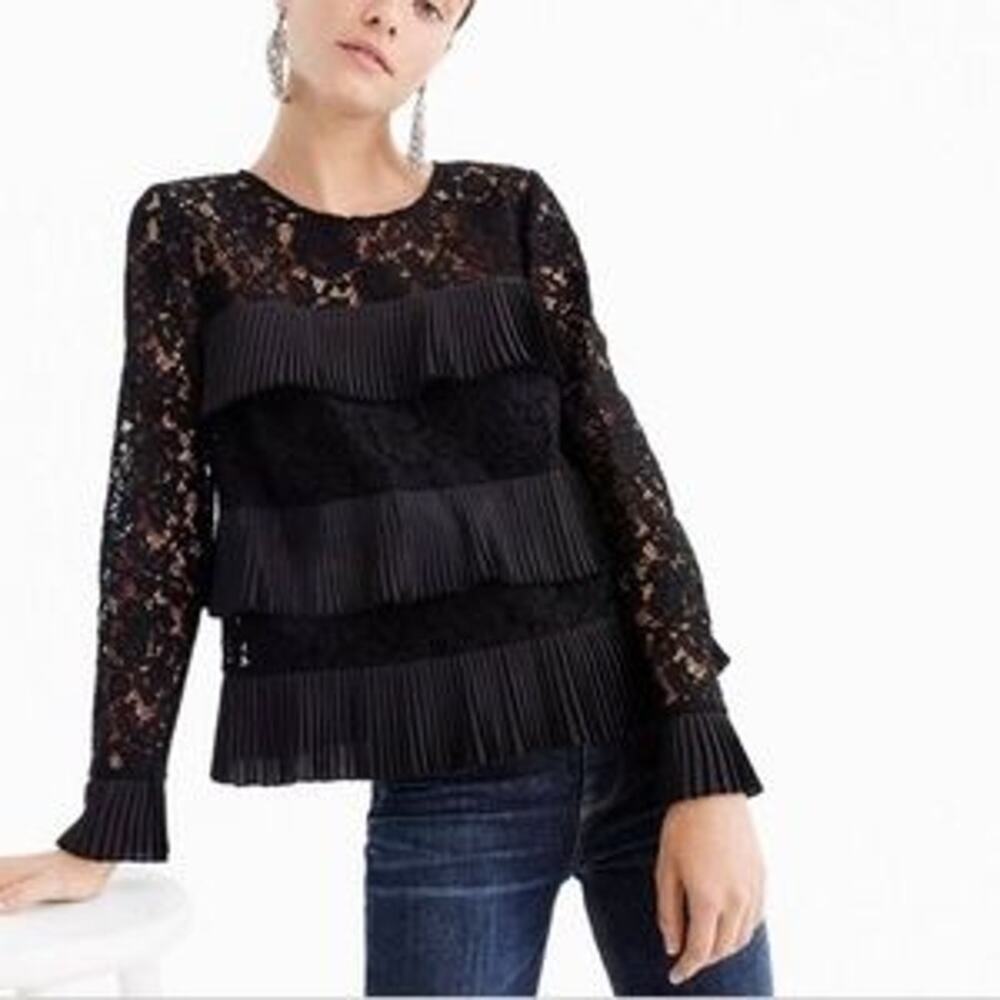 J Crew Lace Top with Ruffle Pleated Black NWT Size 2
